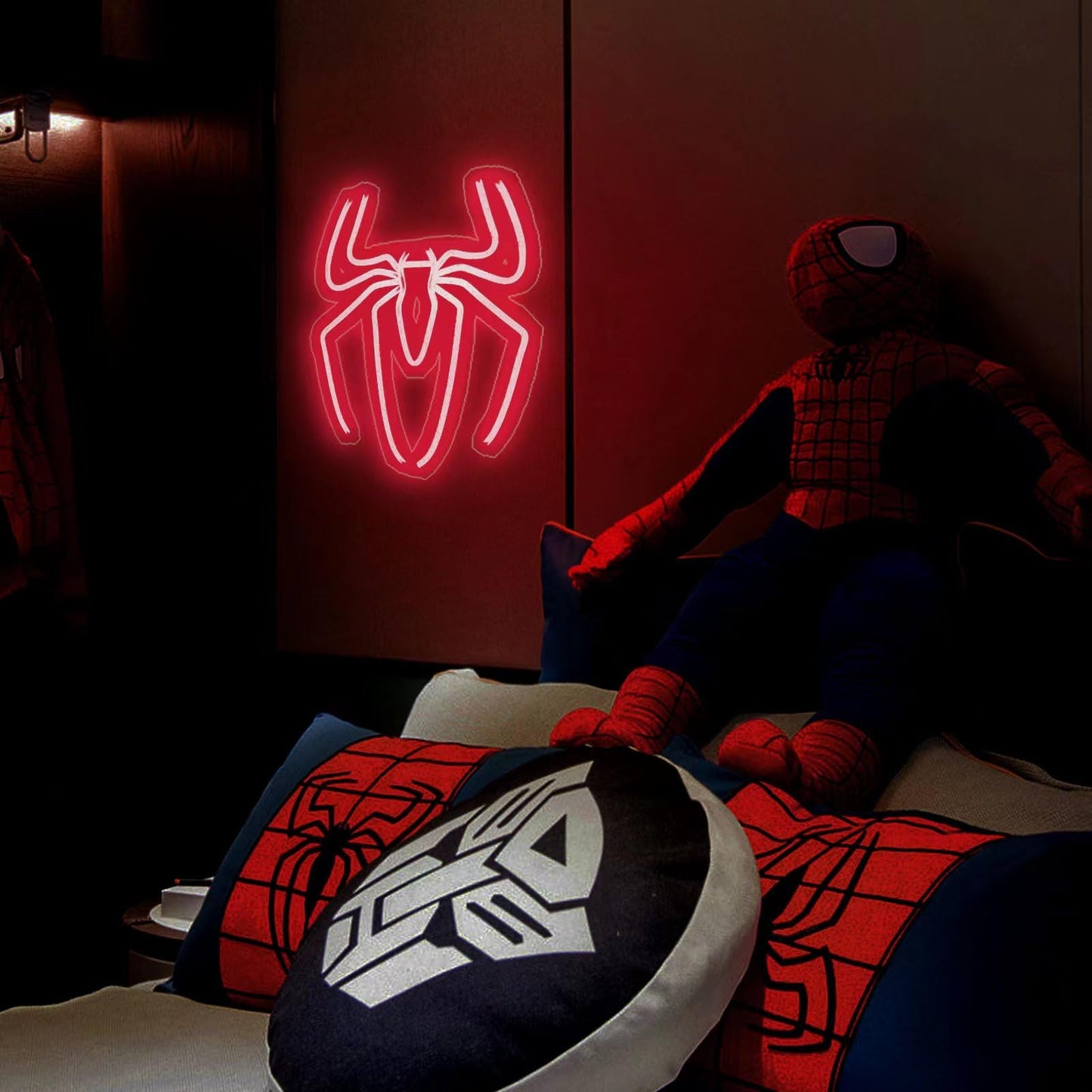 Spider Anime Room Decor Neon Sign - 9 Brightness Adjustments USB Powered Cute Spider Lamp for Boys Bedroom Wall Night Light, Happy Birthday Gift for Kids, Halloween Decoration (Red)
