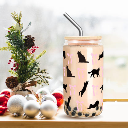 RVEAFA Cute Cat and Bows Iced Coffee Cup Halloween Glass Tumbler Gifts for Women Cat Lovers Gifts for Birthday Halloween Christmas Day, 16oz Glass Cups with Lids and Straw