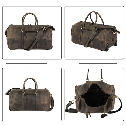 Leather Rolling Travel Duffle Bag for Men Women 21 inch with wheels Sports Overnight Weekend Duffel Gym Cabin Holdall with wheels for easy carry