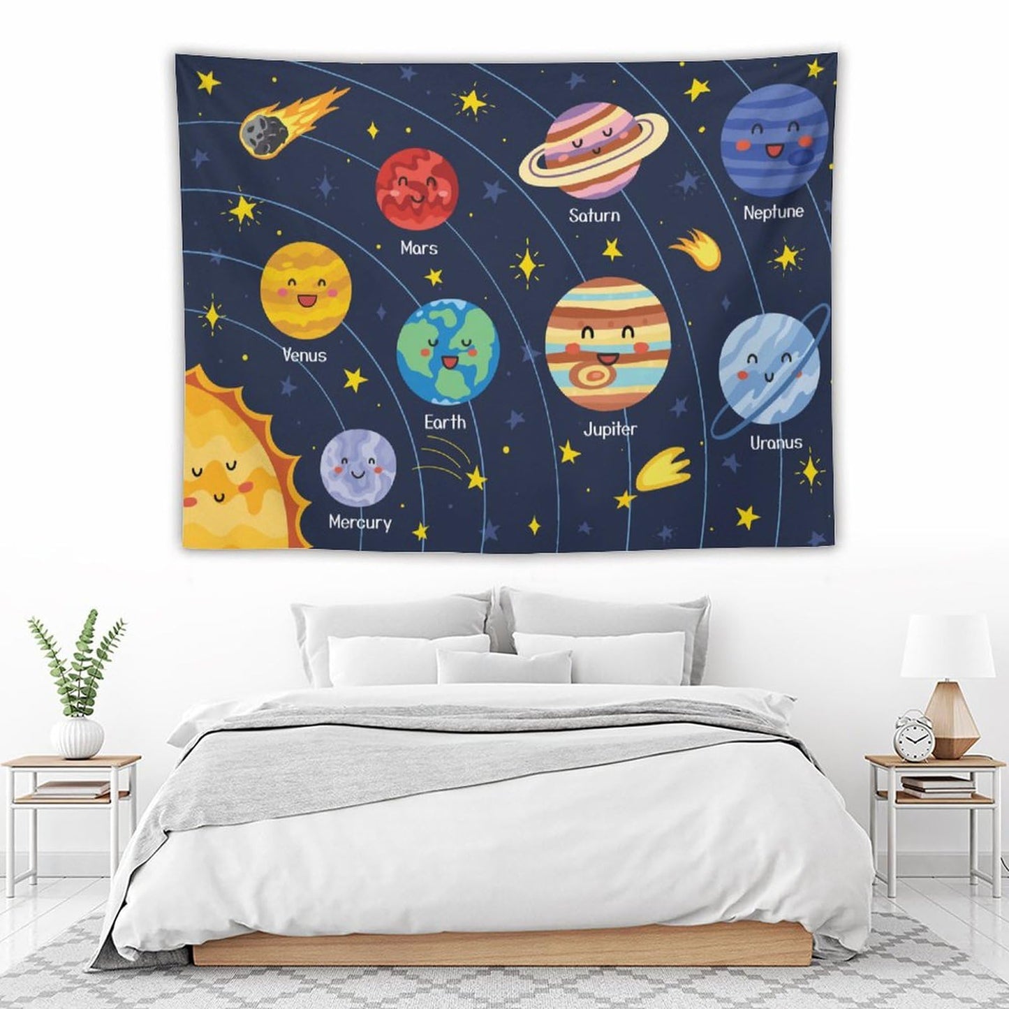 DDCBNS Cartoon Solar System Tapestry for Kids Boys Girls,Cute Outer Space Planet Universe Galaxy Print Tapestry Wall Hanging Home Décor for Study Bedroom Living Room Nursery 80" x 60"