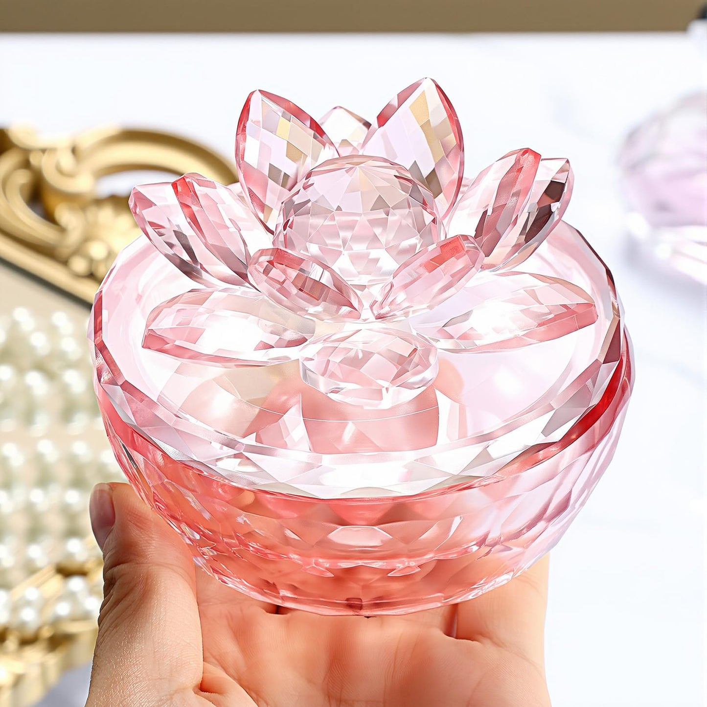 Dounx Crystal Jewelry Box, Small Glass Trinket Jar with Lid, Clear Lotus Flower Storage Holder for Women, Elegant Organizer Dish for Ring, Earrings, Necklace, Gift (Full pink)