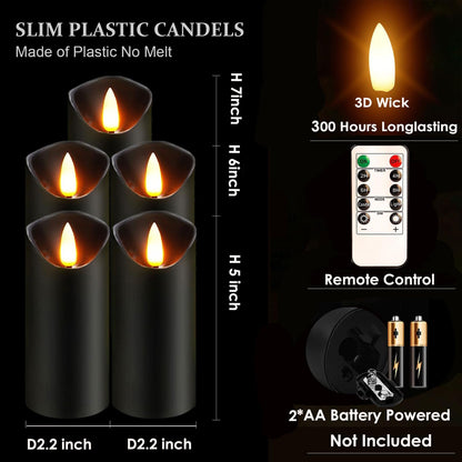 Black Pillar Flameless Candles 3D Wick with Controller,led Slim Candles Flicering Flame,Battery Operated Fake Plastic Candles for Halloween Christmas,Party Décor.(5Pack H 5" 5" 6" 6" 7" x D 2.2")