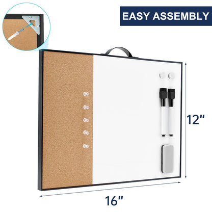 Small Cork Board Whiteboard Combo - 12" X 16" Portable Aluminum Black Framed Magnetic Dry Erase Board for Wall, Mini Bulletin CorkBoard with a Handle for Office, Home and School