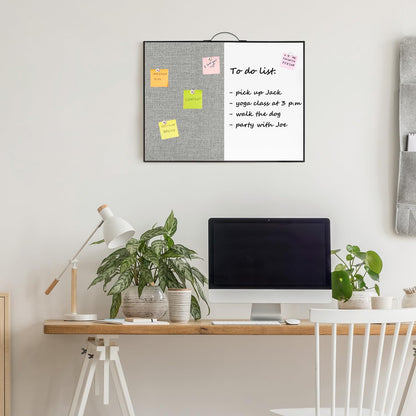 Small White Board Cork-Board Combo - 16 X 12 inches Gray Linen Board & Magnetic Dry Erase Board for Wall, Mini Bulletin Cork Board with Holder for Office, Home and School