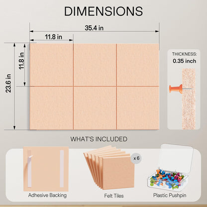 MaxGear Large Cork Board for Wall 36" x 24", Peach Beige Bulletin Board, 6 Pack Felt Wall Tiles with Pushpins, Cork Boards for Office Push Pin Board Tack Board Felt Board