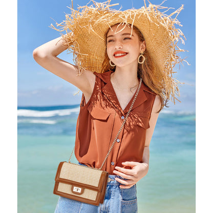 KKXIU Women Small Straw Beach bag Crossbody Bag Summer Shoulder Bag Beach Handbag Vegan Leather Purse (Brown)