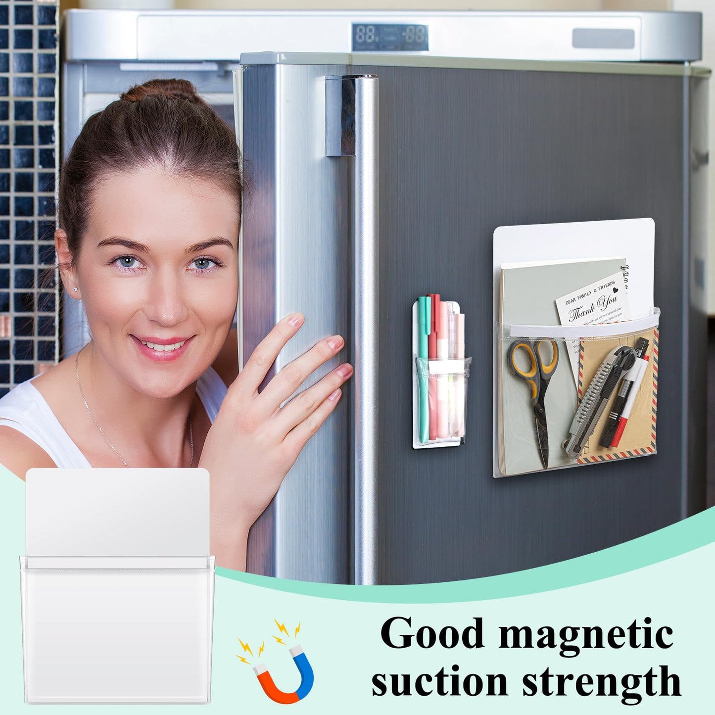 Henoyso 10 Packs Magnetic File Holder Set, Self-adhesive Magnetic File Holder for Recipe, Notes, Tools - Strong Magnet Backing for Fridge, Whiteboards, and Metal Surfaces ( 9.5 x 12 In, 2.4 x 6 In)