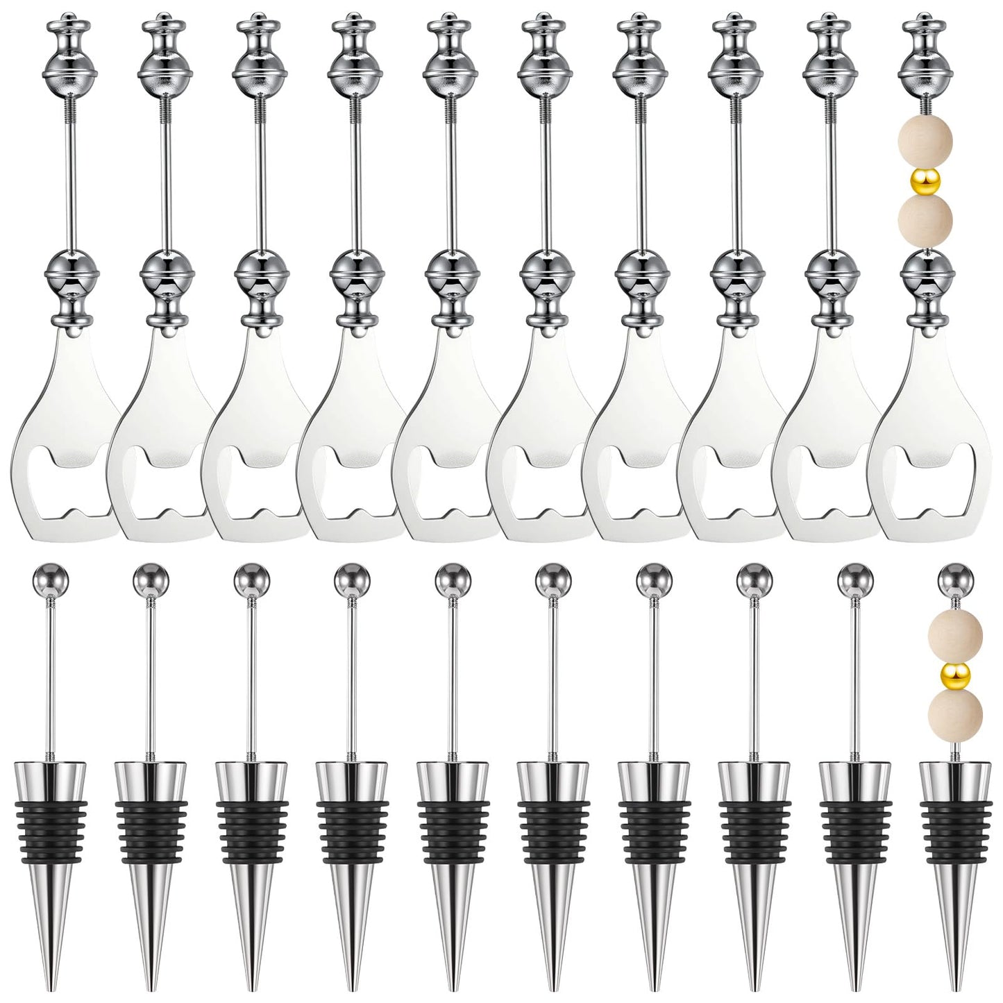 20 Pcs Beadable Wine Stoppers Bulk Beadable Beer Opener Set 10 Decorative Beaded Wine Bottle Stopper 10 Alloy Reusable Bottle Opener for DIY Crafts Fall Halloween Bar Party Favor Gifts