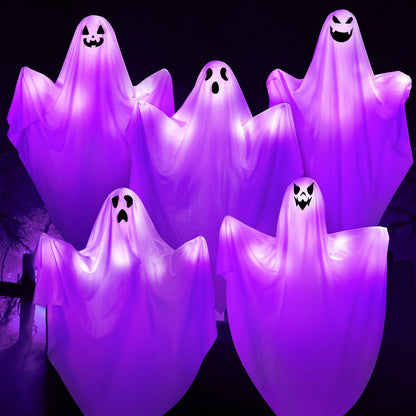 5Pack Halloween Hanging Ghost with Spooky Purple LED Light,27.5’’ Light up Flying Ghost Outdoor Hanging Ghosts Decorations for Front Porch Tree Patio Lawn Garden Party Decoration
