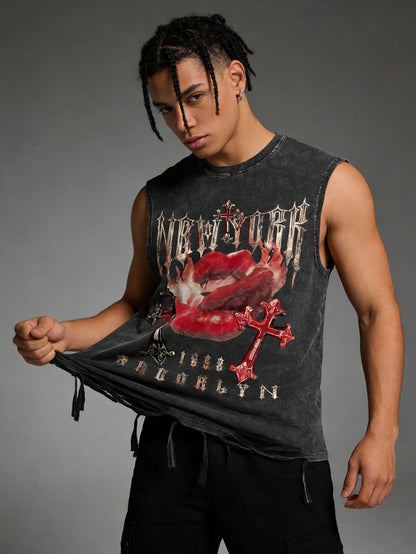 Verdusa Men's Graphic Tees Y2k Grunge Hippie Tee Distressed Summer Shirt Sreetwear Sleeveless Tank Top Black Small