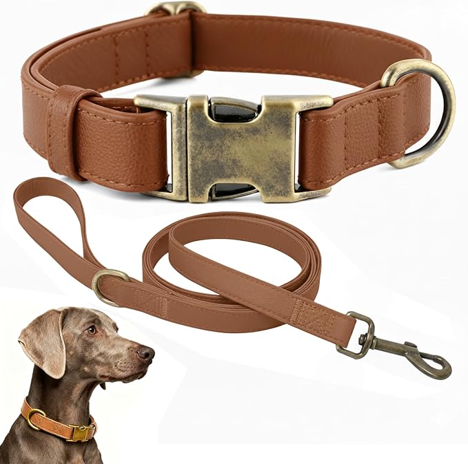 Dog Collar and Leash Set,Leather Silicone Waterproof Odor-Proof Dog Collar and Leash for Large Dogs, Soft Flexible Dog Collars, Durable Thick Adjustable Pet Collar (Brown, Large (16-24.5" Neck))