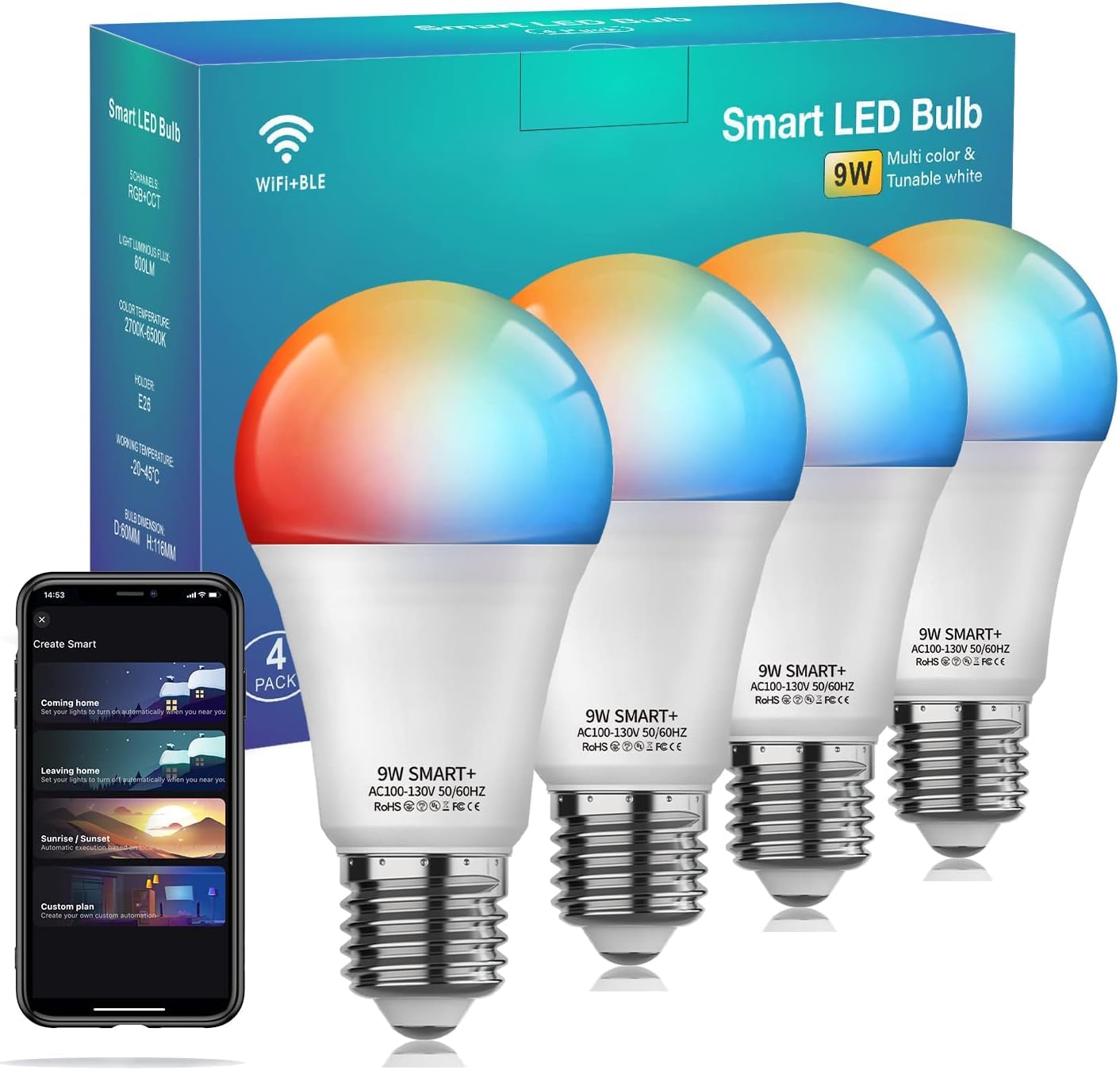 Smart Light Bulbs 4Pack with Remote, A19 E26 800LM LED Color Changing Light Bulb, WiFi & Bluetooth 5.0, Warm to Cool White, Dimmable, RGB Smart Home Lighting Work with Alexa Google Assistant