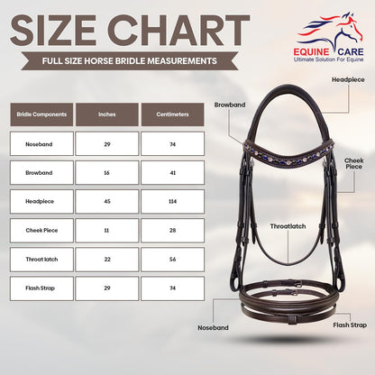 Equine Care Leather English Horse Bridle with Reins, Full Size Havana Brown, Raised Fancy-Stitched Hunter Show Bridle with Blue & Clear Crystal Browband, Padded Crownpiece, Stainless Steel Hardware.