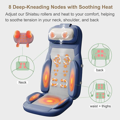 Rainwolf Shiatsu Neck and Back Massage Cushion with Heat - 4D Deep Tissue Kneading Full-Back Massager for Relief Fatigue, Adjustable Intensity & Height, for Office Chair & Home