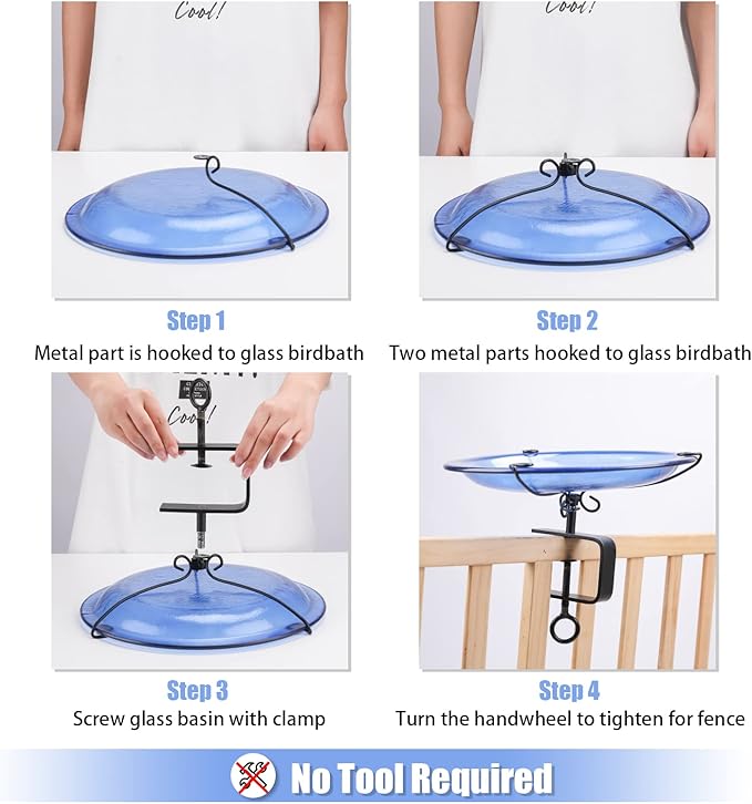 MUMTOP Deck Mounted Bird Bath, Glass Bird Baths Bowl Spa with Adjustable Sturdy Steel Clamp for Outdoor Garden Patio Lawn Yard Deck Railing Decoration, Blue