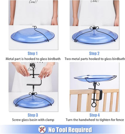 MUMTOP Deck Mounted Bird Bath, Glass Bird Baths Bowl Spa with Adjustable Sturdy Steel Clamp for Outdoor Garden Patio Lawn Yard Deck Railing Decoration, Blue