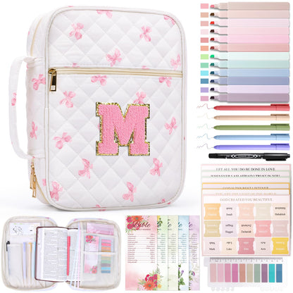 XKDOUS Bible Cover for Women Quilted Bible Bag Church Book Carrying Case with Letter M, Handle, Study Supplies Organizer Portable Church Book Carrier Christian Gifts for Mom, Lady
