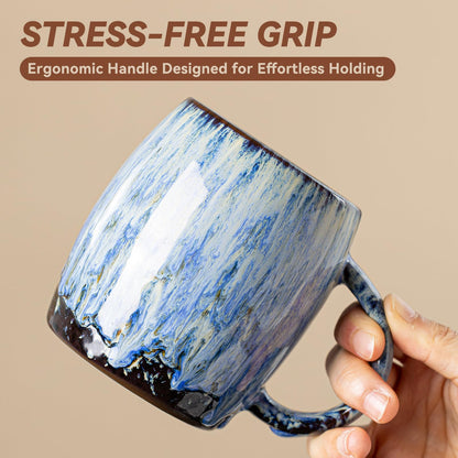 Unique Reactive Glaze Ceramic Coffee Mug - 14 oz Large Coffee Cup with Ergonomic Handle, Deep Sea Blue Mug for Coffee, Tea, Milk - Perfect Birthday & Housewarming Gift for Friends, Women, Men