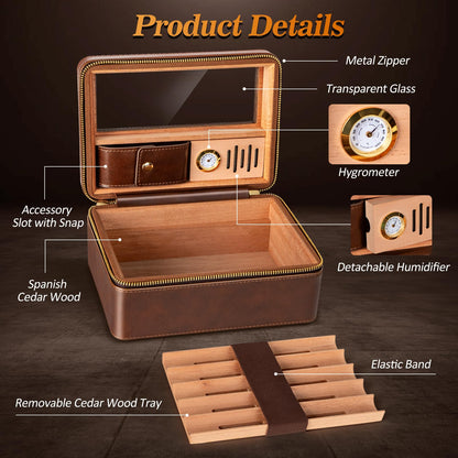 Usewire Cigars Humidor, Travel Cigar Humidor Case, Cedar Wood Double Layer Cigar Box with Built-in Humidifier, Glass Top Cigar Humidor with Cigar Lighter, Cigar Accessory Gift Set for Men(No Butane)
