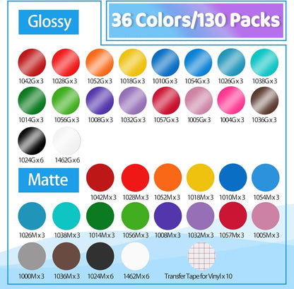 LYA Vinyl 130 Pack Permanent Vinyl - 12 "x12 Self Adhesive Vinyl Sheets，120 Sheets & 10 Transfer Tape Sheets for Cutting Machines and Decor Sticker