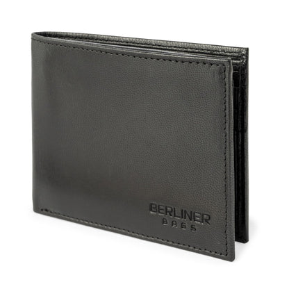 BERLINER BAGS Premium Genuine Leather Wallet for Men Peter, with ID Window, RFID Blocking, Bifold, Front Pocket Slim Wallet, 8 Card Holder, Bills Compartment, 2 ID Windows, Gift Box- Black