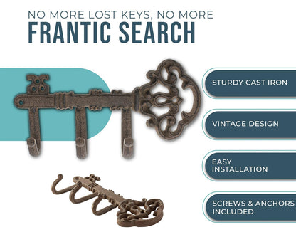 Comfify Rust Brown Cast Iron Skeleton Key Wall Hook – 3 Hooks, 7.67" L
