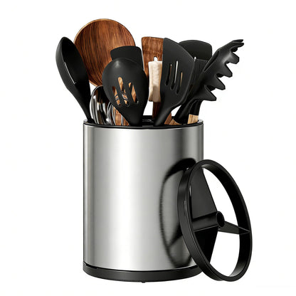 TODAYGO Utensil Holder For Kitchen Counter, Large 360°Rotating Stainless Steel Utensil Crock with 3 Compartment, Drainage Non-Slip