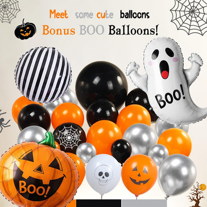 Summerween balloons arch kit Orange Black Silver ghosts print balloons and Pumpkin Monster mylar balloons forkid friendly halloween Birthday Spooky Theme Festival rick or Treat game Decorations