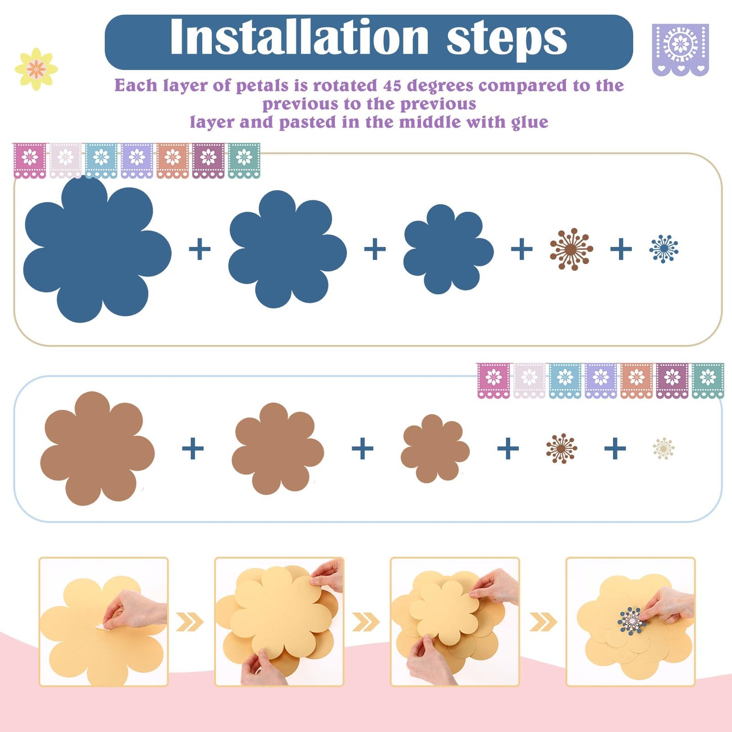 Mooliwe Paper Flowers Decorations for Wall DIY 3D Paper Bulletin Board Mexican Flowers Backdrop Decoration for Classroom Back to School Holiday Party(Fresh,12 Set)