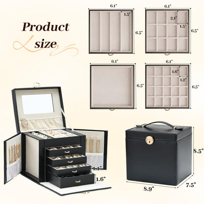 Jewelry Box for Women with Lock, 5-Layer Jewelry Organizer with Mirror & 4 Drawers, Lockable Faux Leather Storage Case for Ring Necklace Bracelet Earring, Elegant Gift for Girls Mom Girlfriend, Black
