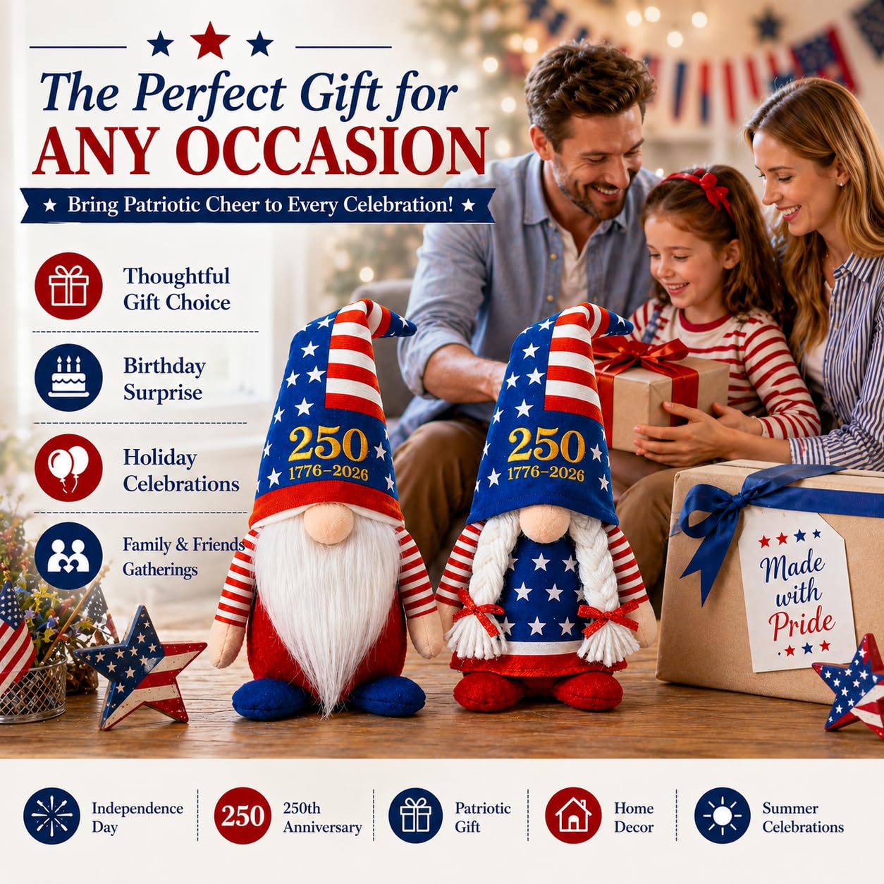 LEKSON 4th of July Decorations Patriotic Gnomes, 250 Anniversary USA Merchandise, Red White and Blue Independence Day Home Table Decor, 1776-2026 Indoor American Gnome Set of 2