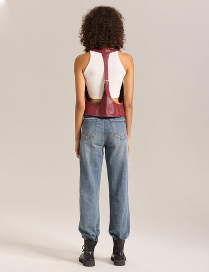 LyzerMia Harness for Women Genuine Leather with Pocket Steampunk Vest, Burgundy