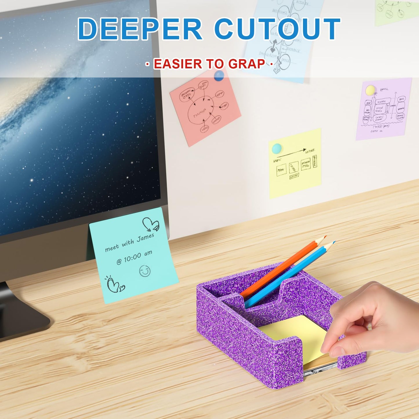 WINFFOR Acrylic Notepad Holder Dispenser - 3x3 in 2IN1 Sticky Note Memo Holder for Desk Organizer (W/O Pads) Office Desk Accessories School Supplies, Glitter Purple