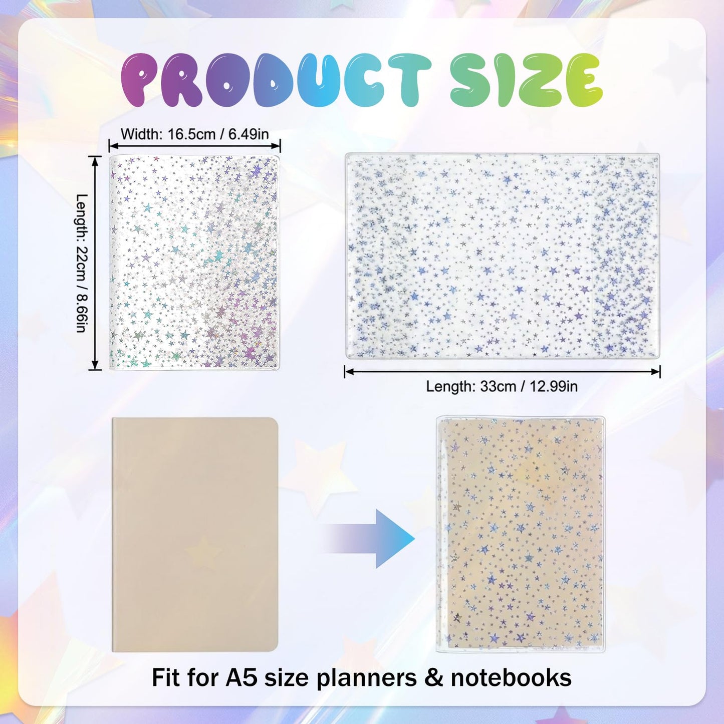 5 Pcs A5 Planner Cover,Glitter Star Jelly Cover Transparent Notebook Cover,Waterproof PVC Clear Journal Cover for a5 Standard Notebooks,Sparkling Star Design