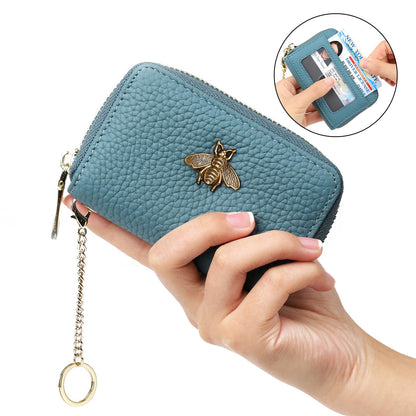 imeetu RFID Credit Card Holder, Small Leather Zipper Card Case Wallet with Keychain and ID Window for Women (Pro,Peacock Blue)