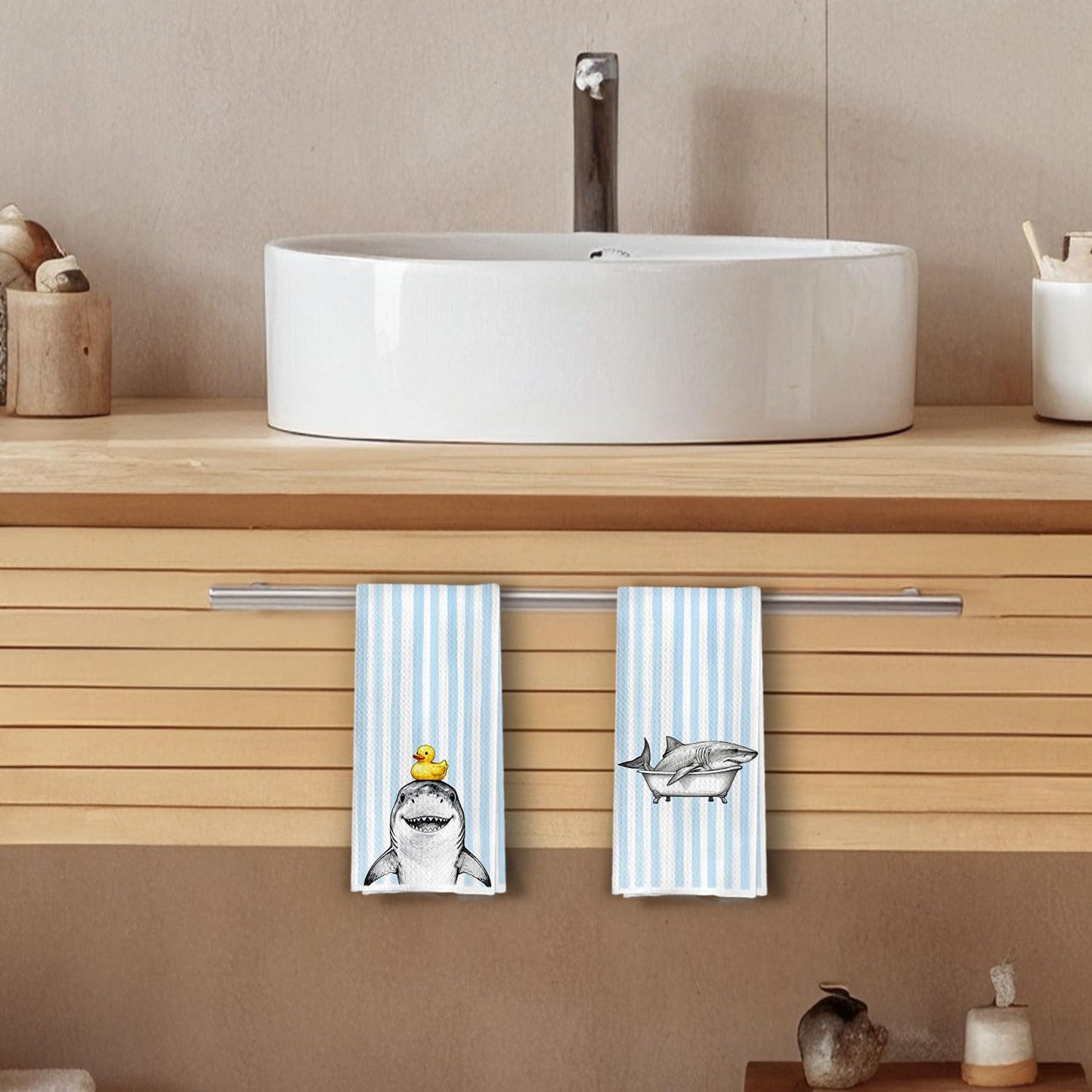 XIVENHAVM Funny Shark Bathroom Decor Set - Wild Animal Decorative Waffle Hand Towels, Shark Gifts Hand Towes for Kid Bathroom Washroom, 16x24 Inch Set of 4