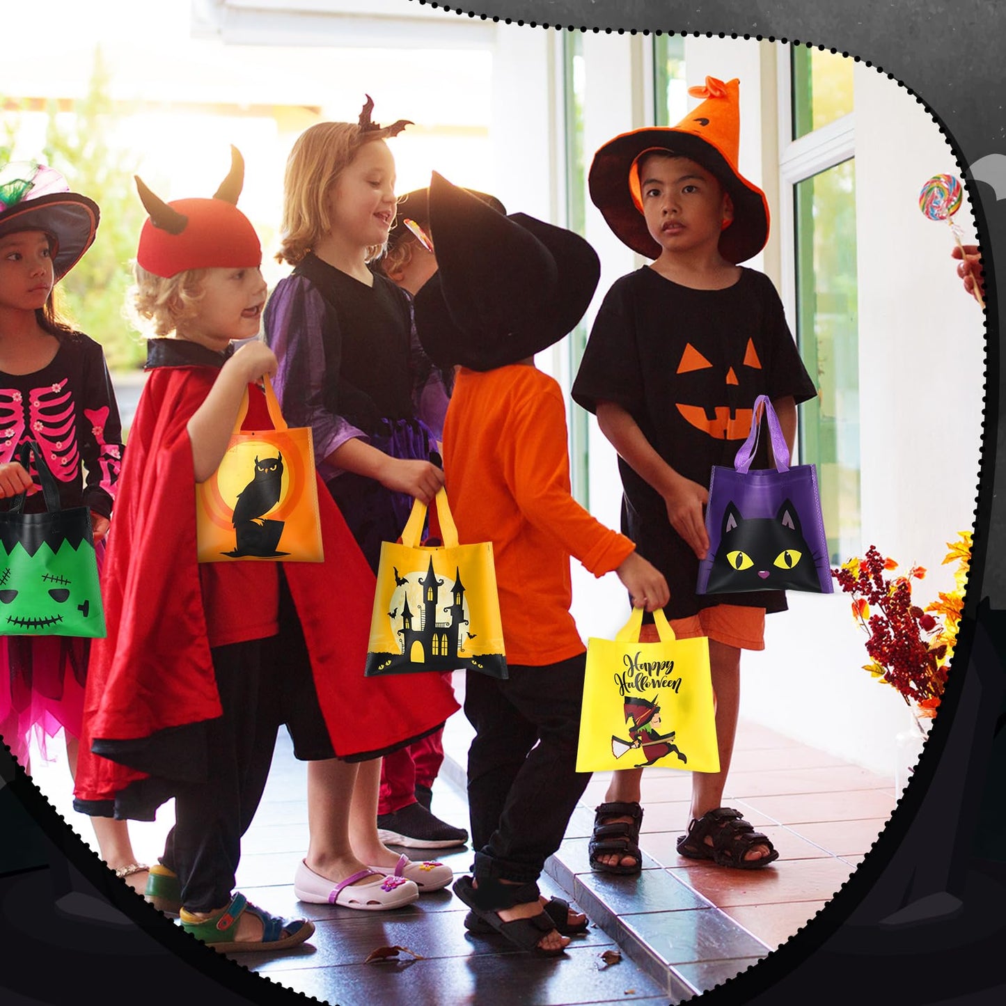 Zhanmai 100 Pcs Halloween Treat Bags with Handle 10 Patterns Design Halloween Candy Goodie Gift Bag for Party Favor Supplies(9.5" x 8.7" x 0.2")