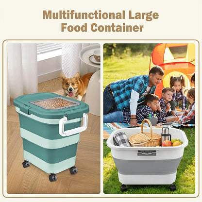 Komzon Rice Storage Container, Collapsible Airtight 10-40 Lb Rice Storage Container, 25lb Pet Dog Food Storage Container, Rice Dispenser Bin with Cup and Scoop for Flour Cereal Pasta Grain, Cat Bird