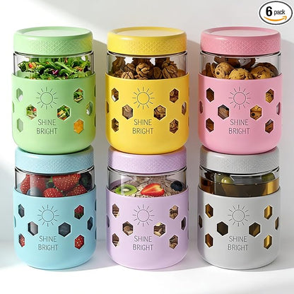 Lazyshine 6 Pack Glass Overnight Oats Containers with Lids, 16 oz Mason Jars with Silicone Sleeves, Airtight Leak-Proof Meal Prep Jars for Chia Pudding, Oatmeal, Yogurt, Snacks, Smoothies, Salads