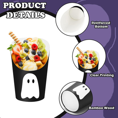 JarThenaAMCS 50 Pcs Halloween Charcuterie Cups with 100 Pcs Sticks Black White Ghost Disposable Appetizer Cups 14 Oz Fench Fry Holder for Trick or Treat Snack Dessert Birthday Party Supplies