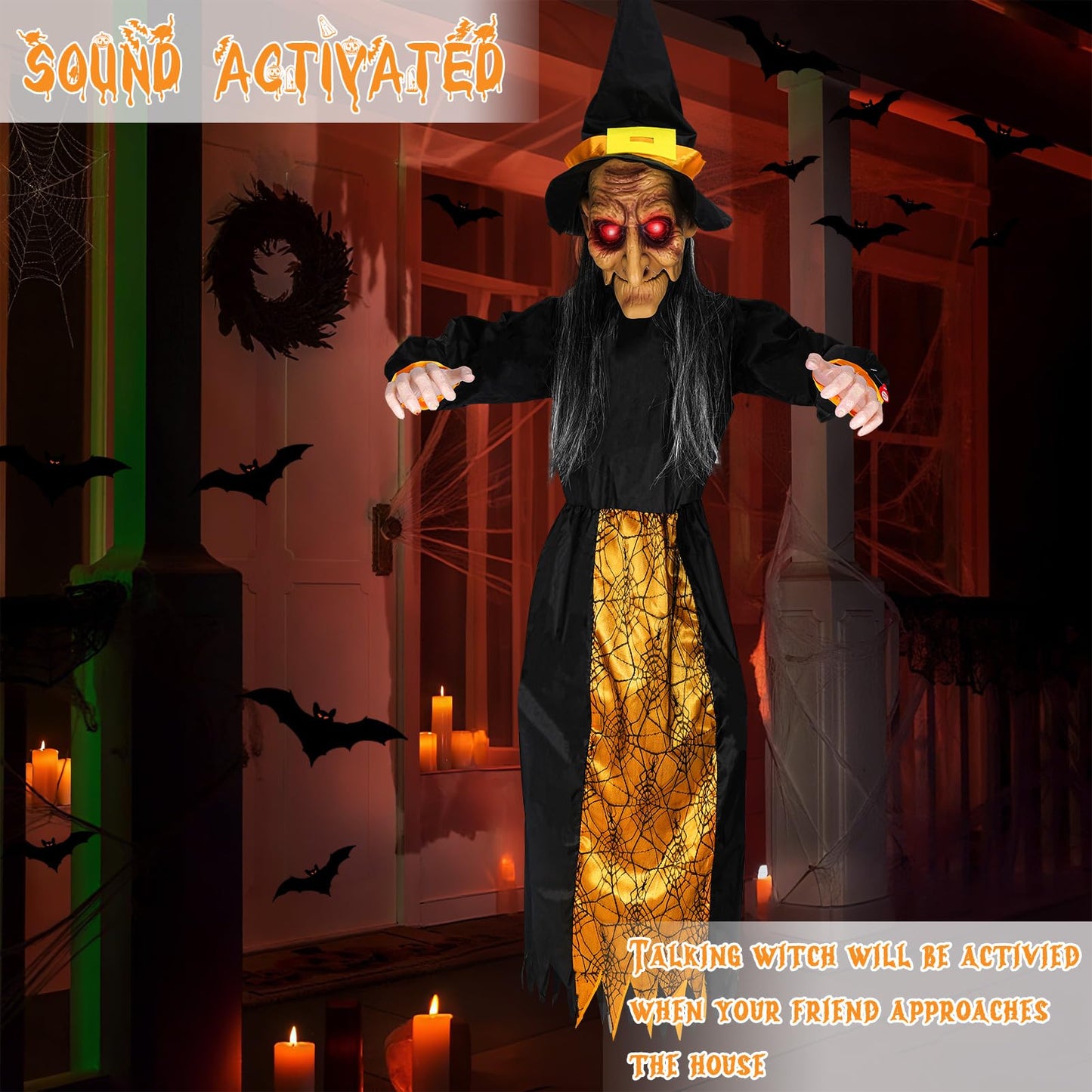 67" Halloween Hanging Witch, Halloween Decoration Outdoor Talking Ghost Light Up Eyes Sound Activated, Outdoor Indoor Decor for Garden Yard Black
