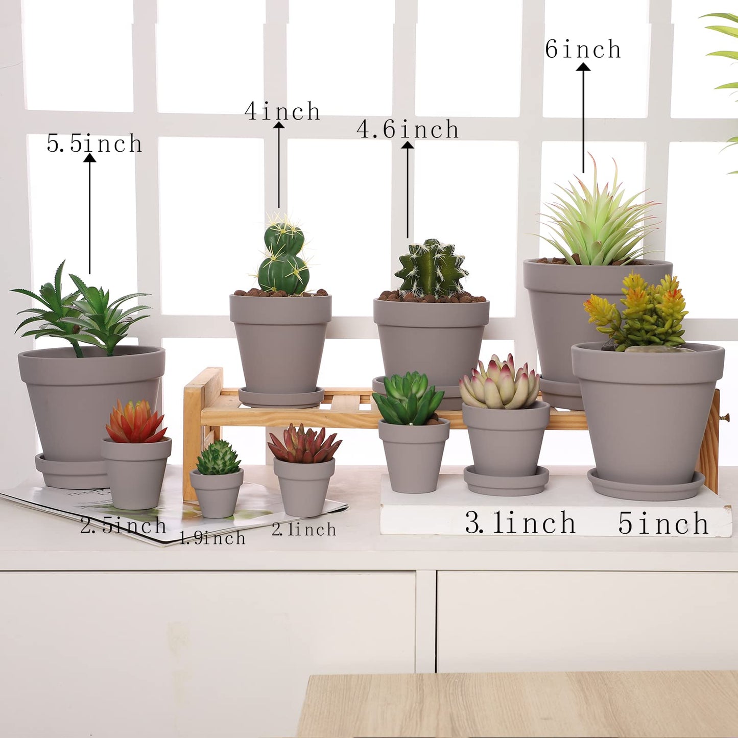 Yishang Terra Cotta Pots with Saucer/Ceramic Tray, 6-Pack Large Terracotta Pots 4.6'' Clay Ceramic Pottery Planter Cactus Flower Succulent Pot Drainage Hole - for Plants, Crafts (Grey)