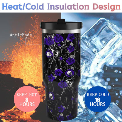 30oz Halloween Tumbler with Handle and Straw, Goth Floral Skull Insulated Tumbler, Leak Proof Travel Coffee Mug, Reusable Stainless Steel Skull Tumbler, Halloween Gifts for Women (black purple)