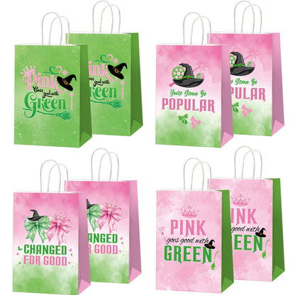 ACUDUDOMA Witch Party Gift Bags 12 Pack, Pink and Green Double-Sided Paper Treat Bags with Handle for Birthday Party Decorations, Princess Theme Halloween Favors & Friendship Exchange Gifts