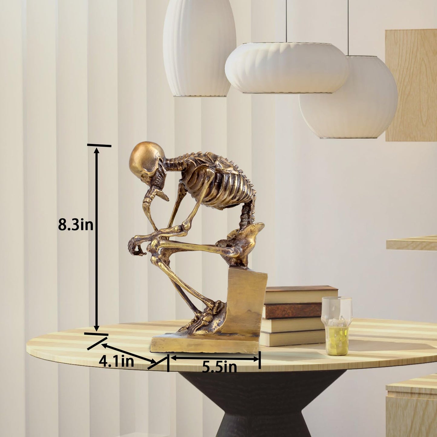 R REALONG Bronze Skeleton Thinker Statues Sculptures Home Decor-8.3" Bronze Abstract Rodin Thinking Halloween Skull Art Decorations (Gold)