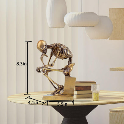 R REALONG Bronze Skeleton Thinker Statues Sculptures Home Decor-8.3" Bronze Abstract Rodin Thinking Halloween Skull Art Decorations (Gold)