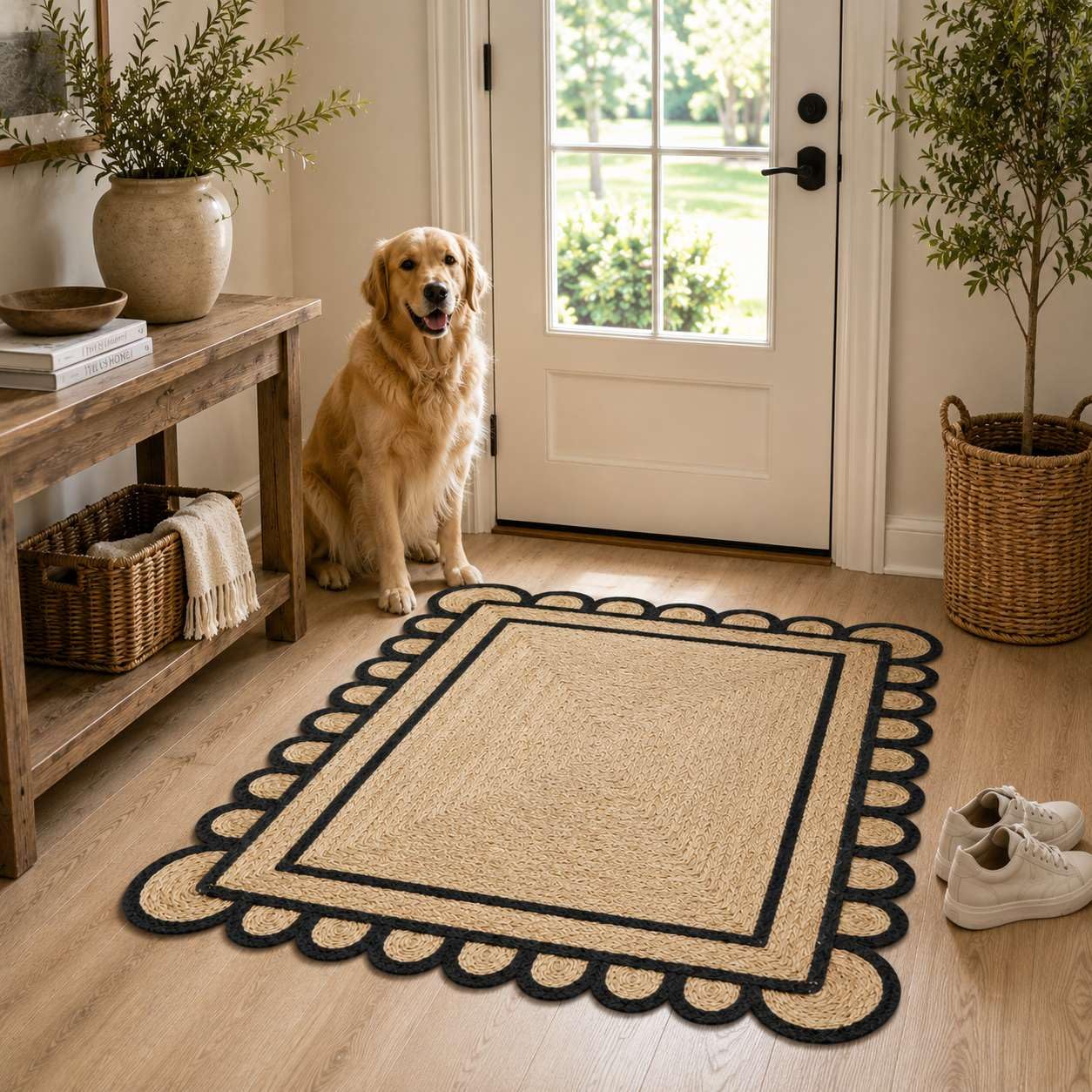 Scalloped Natural Jute Area Rug 3x5 Ft, Boho Rug with Black Trim & Non Slip Backing for Entryway, Living Room