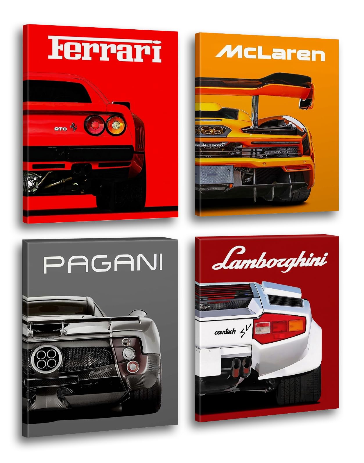 Modern Car Posters Classic Supercar Wall Art Prints, Cool Racing Ferrari Lamborghini McLaren Pagani Canvas Posters for Man Cave Boys Room Wall Decor, Sports Car Art Prints, Set of 4 (8"x10" Unframed)