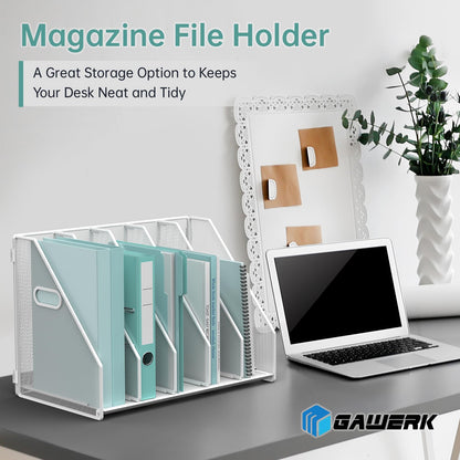 MINDEPOT Desk File Organizer Metal Desk Magazine Folder Holder with 5 Vertical Compartments Rack File Organizer for Office, Home, School (White)