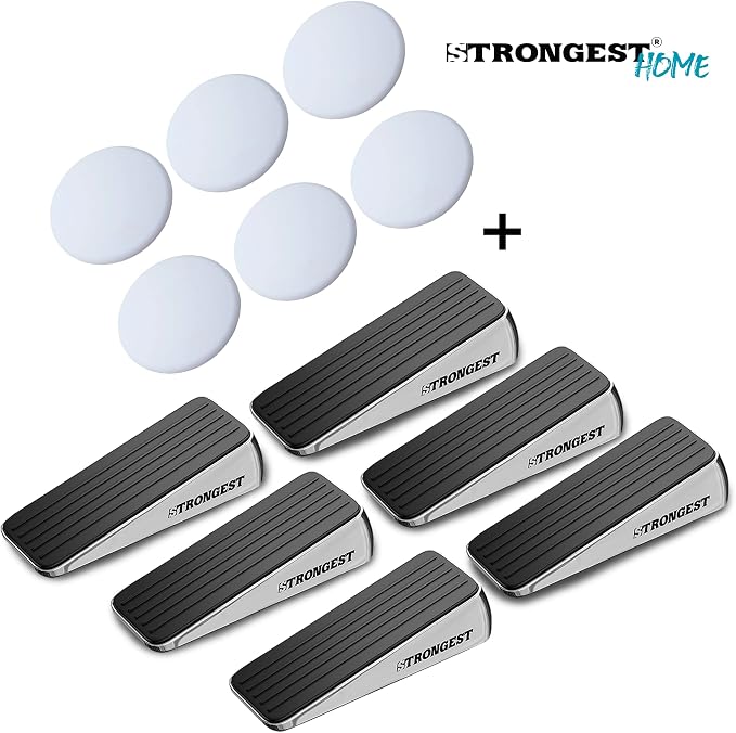 STRONGEST HOME Stoppers for Bottom of Door – Heavy Duty Metal Rubber Door Stopper, Non-Slip Door Stop for Heavy Doors, Works on Wood, Tile & Carpet Floors Wedge Chrome 6 PCs + 6 White Wall Protectors